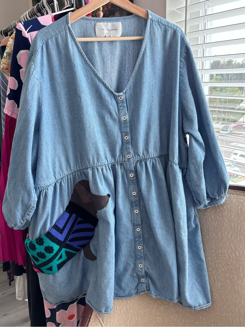 Tradlands Light Blue Denim Button-Front 3x Dress/Tunic - Hand Appliqué Dog